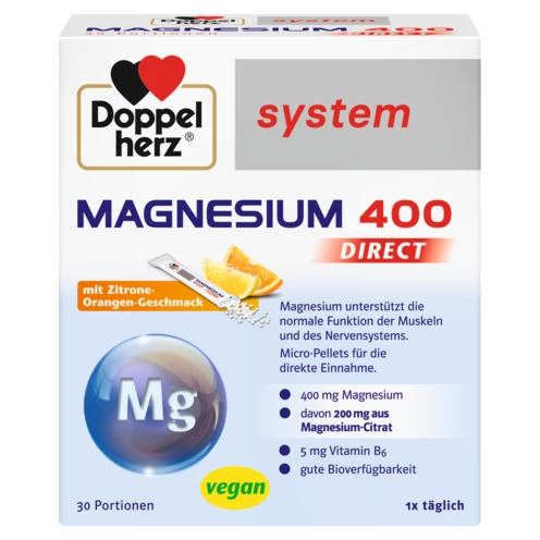 Abbildung der Produktverpackung Doppelherz system MAGNESIUM 400 DIRECT Frontansicht